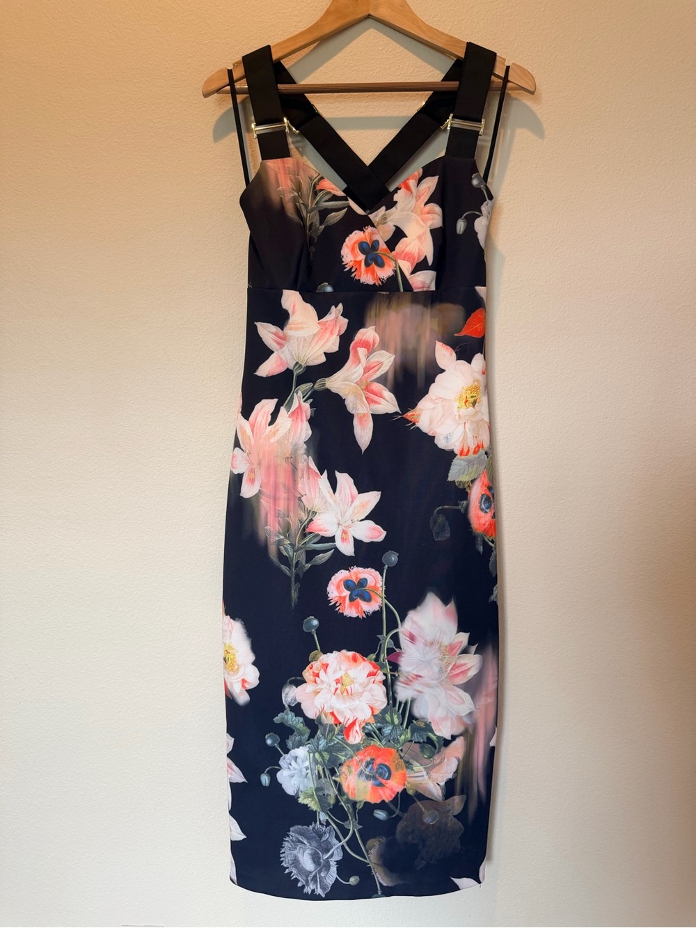 Ted Baker London Floral Midi Bodycon Dress Size 4 Adjustable Straps #0296